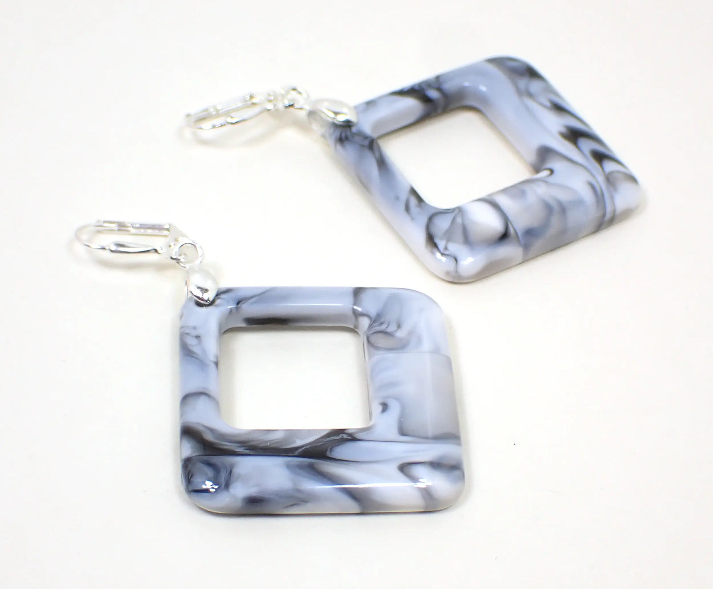 Darker Marbled White Black Gray Acrylic Handmade Diagonal Drop Earrings, Silver Plated Hook Lever Back or Clip On