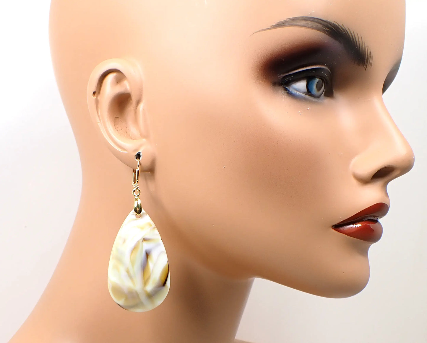 Big Marbled White Yellow Brown Acrylic Handmade Teardrop Earrings, Gold Plated Hook Lever Back or Clip On