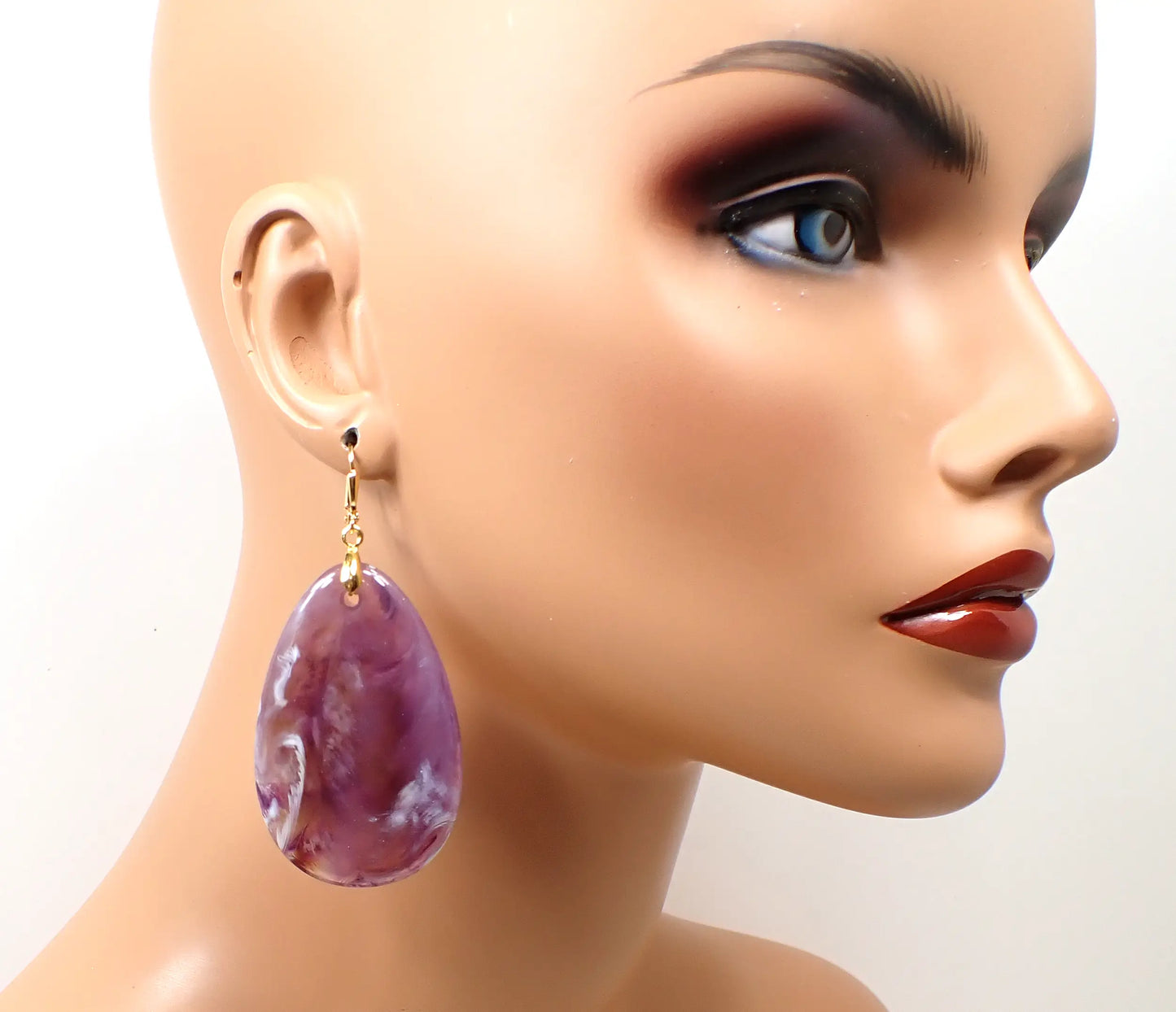 Big Heavy Marbled Purple Acrylic Teardrop Handmade Earrings, Maximalist Jewelry, Gold Plated Hook Lever Back or Clip On