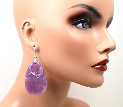 Big Heavy Marbled Purple Acrylic Teardrop Handmade Earrings, Statement Jewelry, Silver Plated Hook Lever Back or Clip On