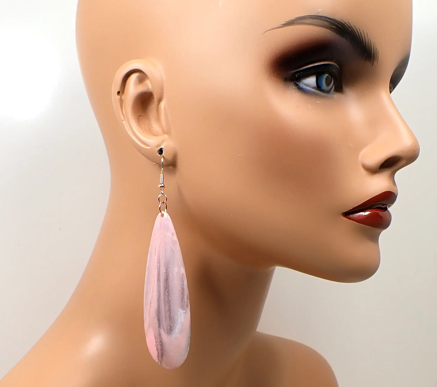 Big Long Handmade Pink and Gray Marbled Acrylic Teardrop Earrings, Silver Plated, Maximalist Statement Jewelry, Hook Lever Back or Clip On
