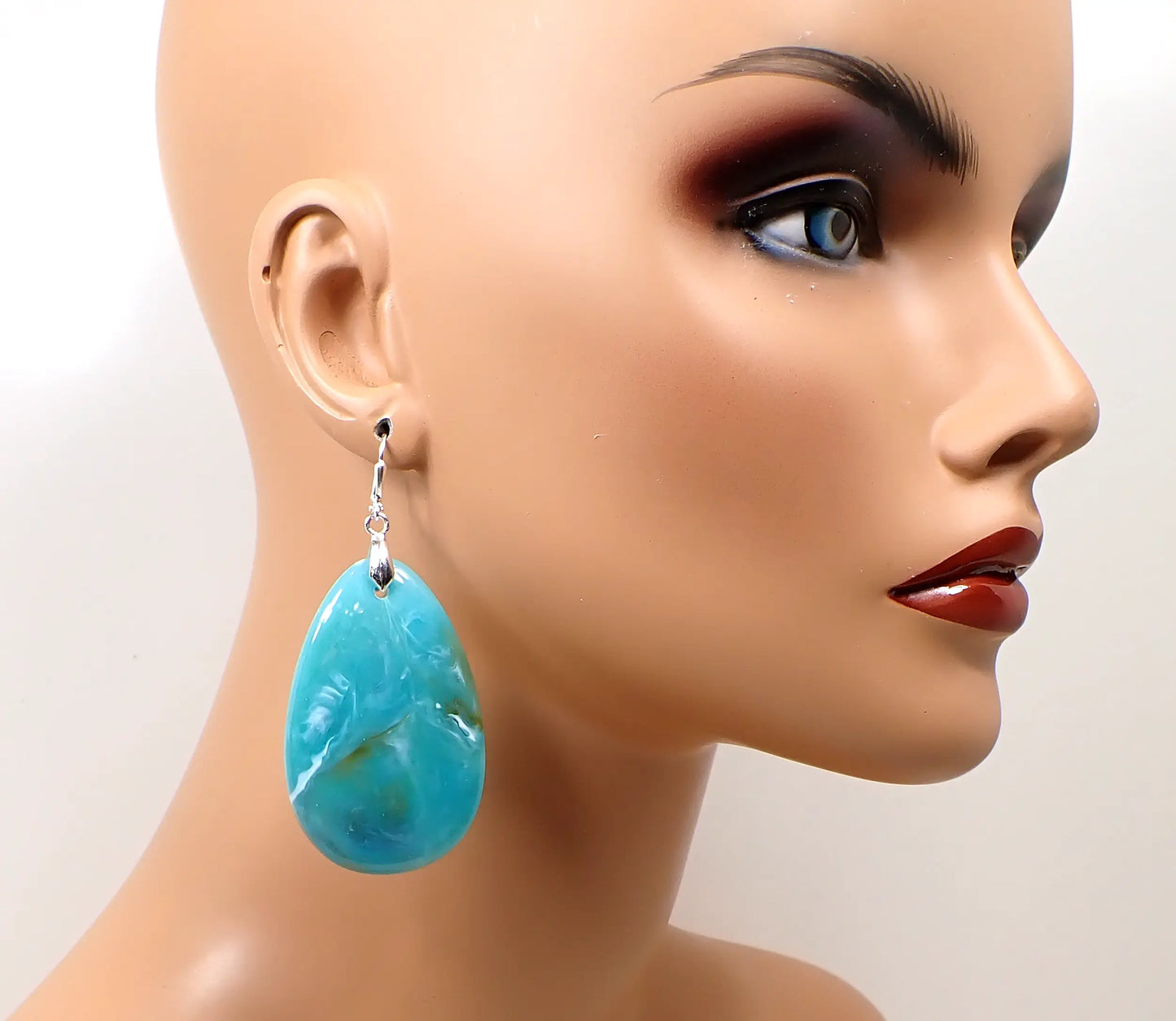 Big Heavy Marbled Aqua Blue Acrylic Teardrop Handmade Earrings, Maximalist Jewelry, Silver Plated Hook Lever Back or Clip On