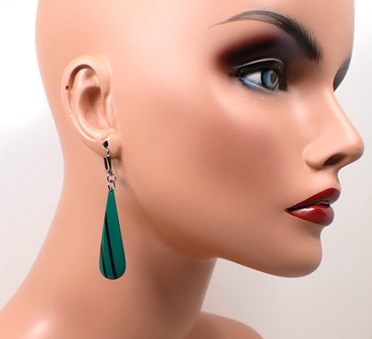 Green and Black Striped Handmade Teardrop Earrings Gunmetal Hook Lever Back or Clip On