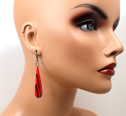 Red and Black Striped Handmade Teardrop Earrings Gunmetal Hook Lever Back or Clip On