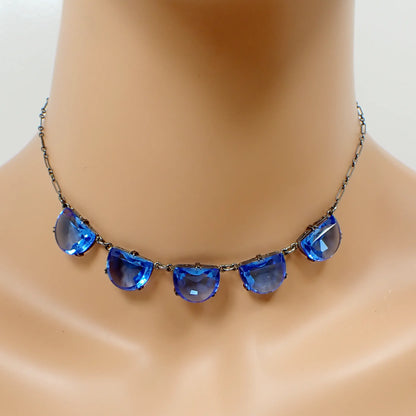 1930's Art Deco Blue Czech Glass Vintage Necklace, Sterling Silver Scalloped Choker