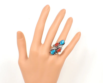 Sterling Silver Retro Vintage Southwestern Navajo Turquoise and Coral Ring