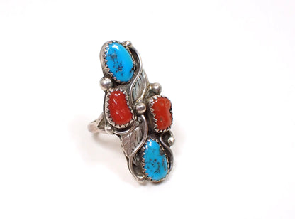 Sterling Silver Retro Vintage Southwestern Navajo Turquoise and Coral Ring