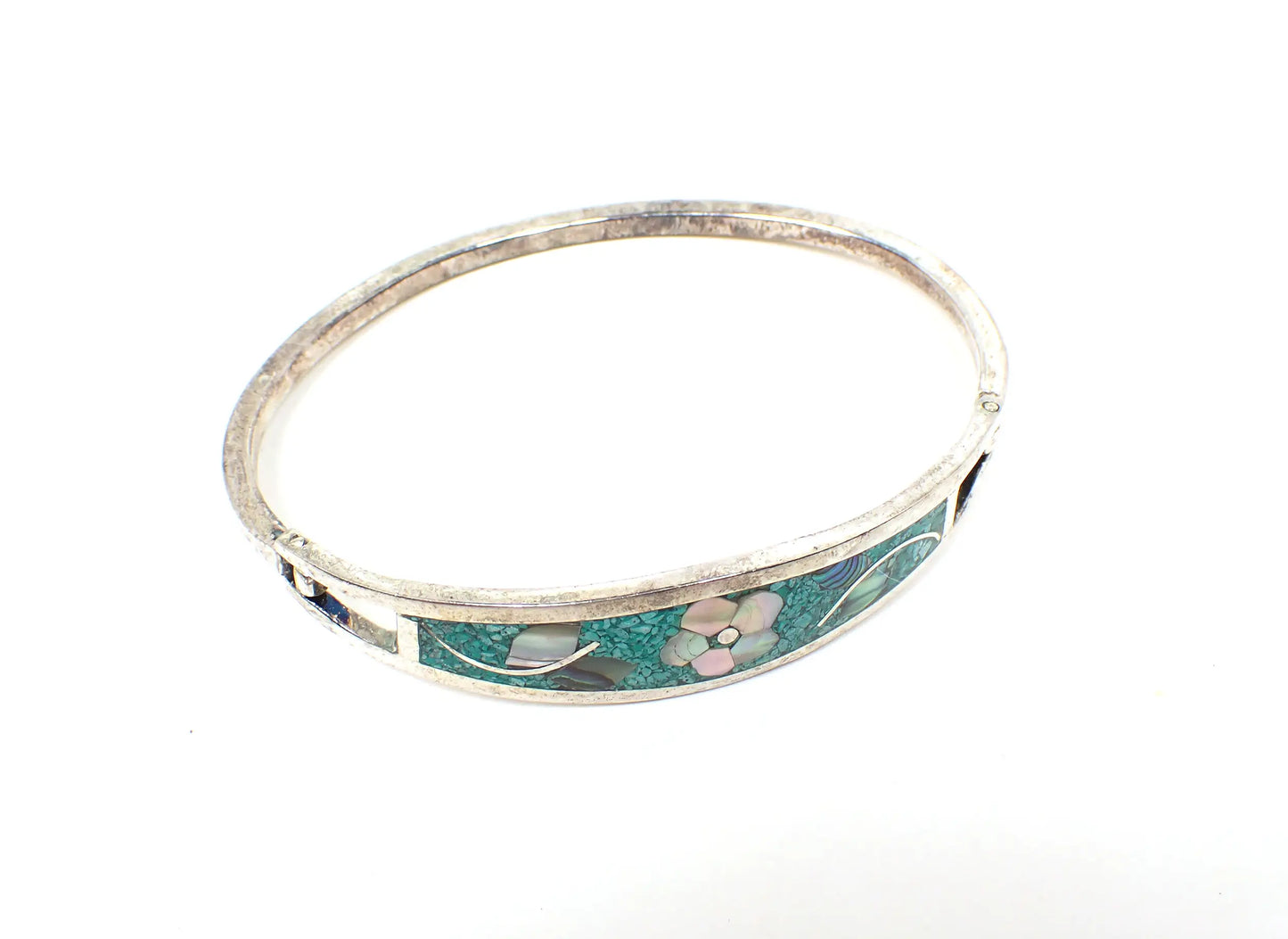 Green Retro Vintage Hinged Floral Bangle Bracelet, Southwestern Boho Jewelry