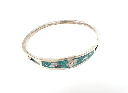 Green Retro Vintage Hinged Floral Bangle Bracelet, Southwestern Boho Jewelry