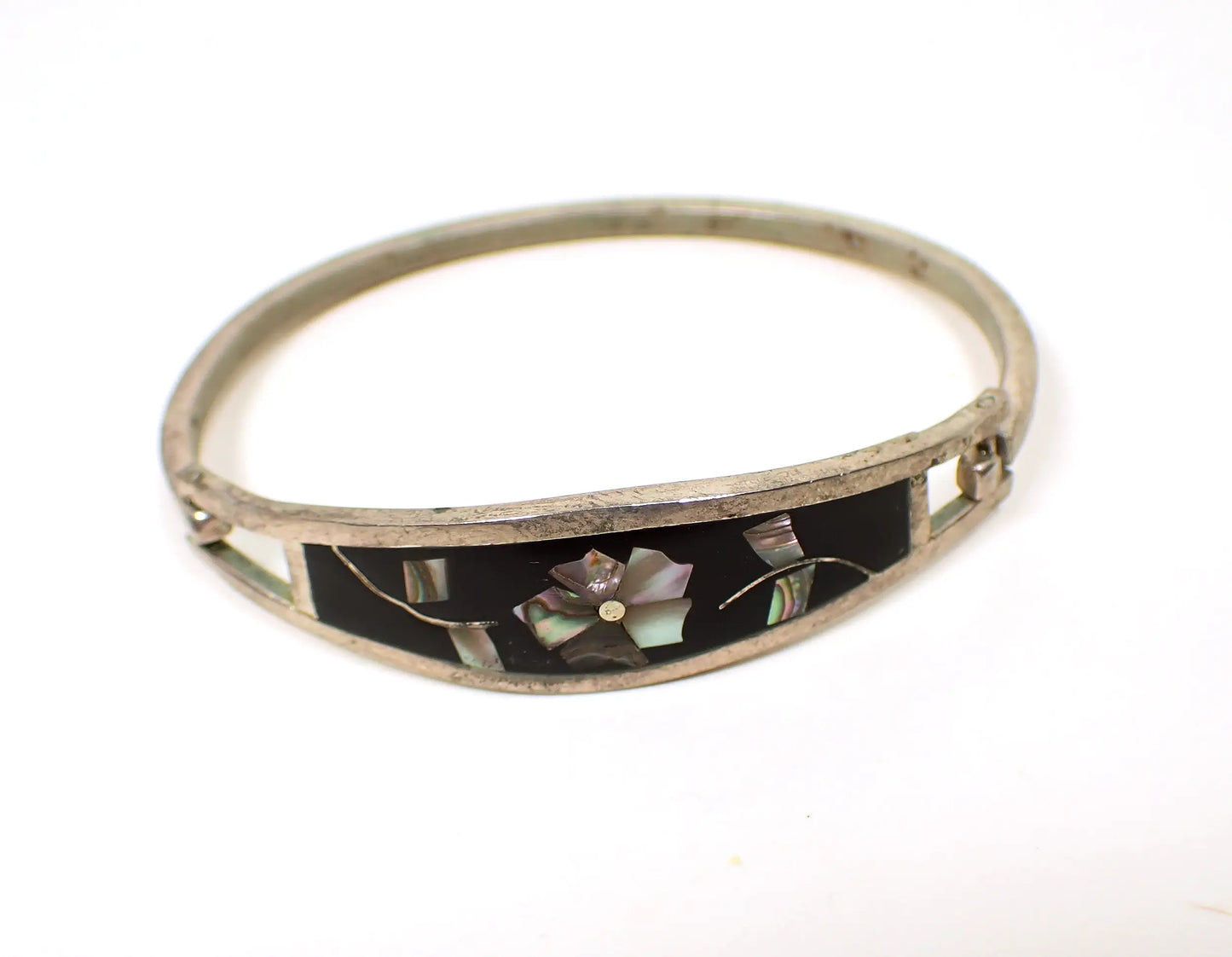 Taxco Mexico Black Enameled Vintage Flower Hinged Bangle Bracelet with Abalone Shell