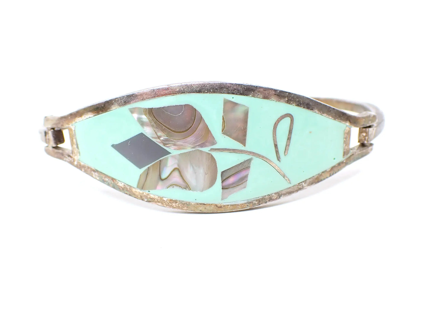 Mint Green Enameled Mexican Alpaca Retro Vintage Hinged Flower Bangle Bracelet with Abalone Shell, Southwestern Jewelry