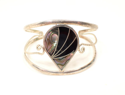 Alpaca Mexican Black Teardrop Vintage Cuff Bracelet with Inlaid Abalone Shell