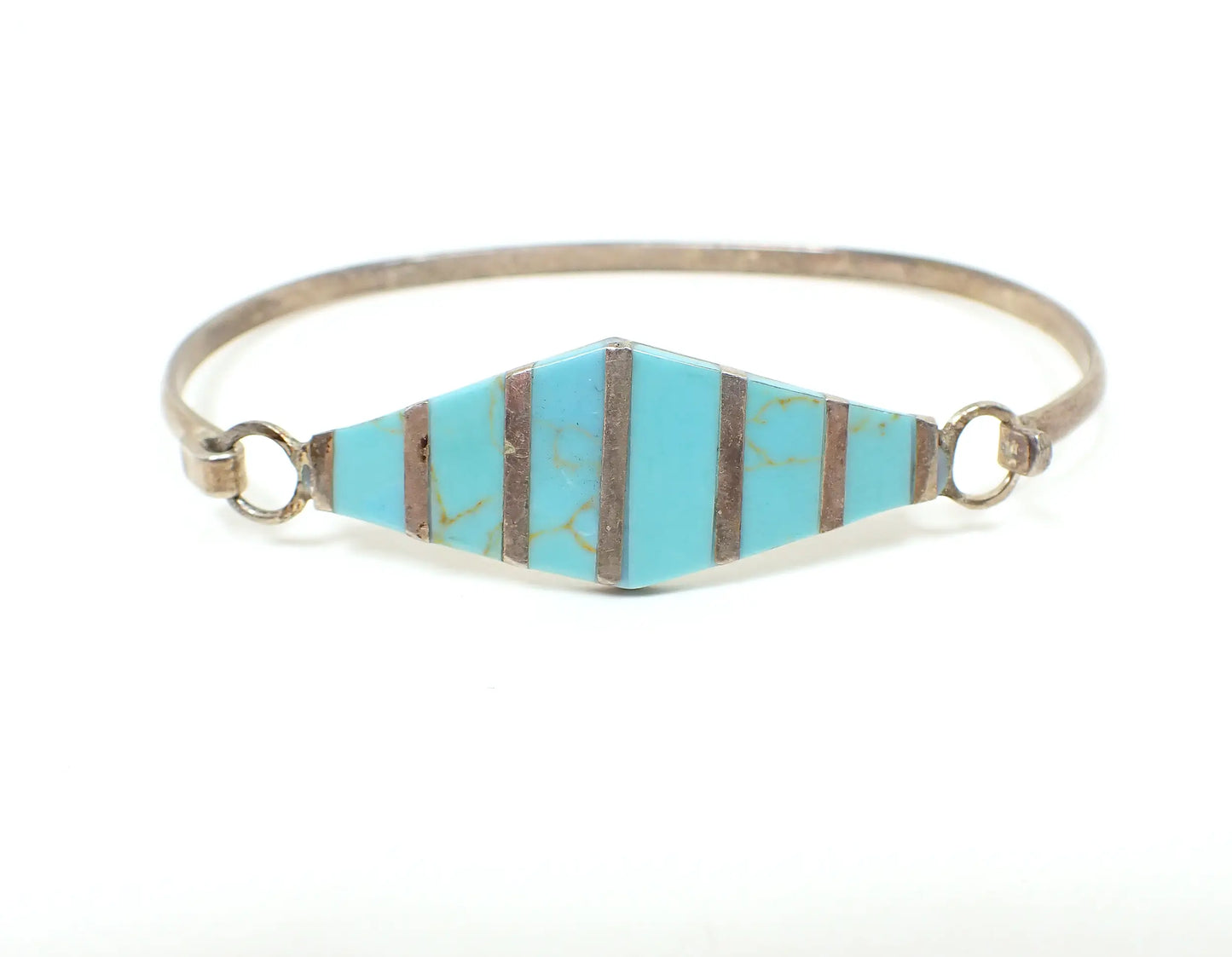 Faux Turquoise Mexican Alpaca Retro Vintage Hinged Bangle Bracelet, Southwestern Boho Jewelry