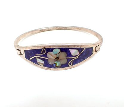 Blue Purple Enameled Mexican Retro Vintage Hinged Flower Bangle Bracelet with Abalone Shell, Hecho en Mexico
