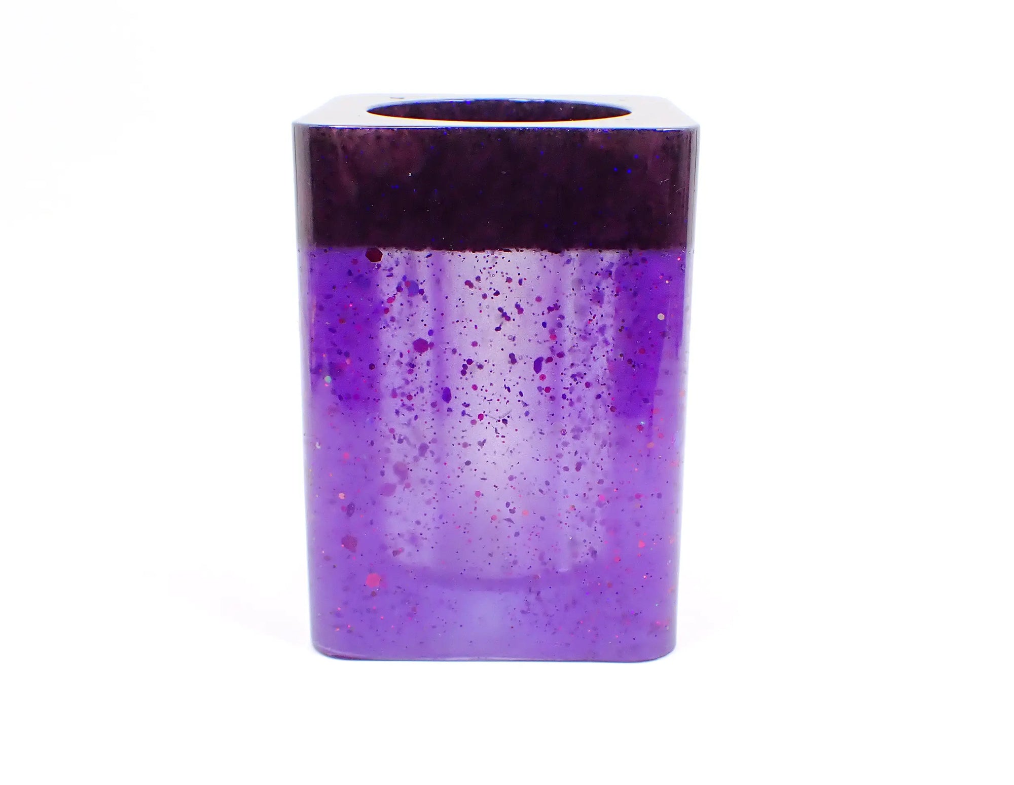 Square Handmade Pearly Purple and Glitter Resin Makeup Brush or Toothbrush Holder
