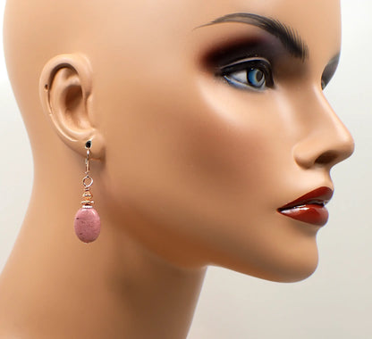Pink Rhodonite Handmade Oval Drop Earrings, Gemstone Jewelry, Hook Lever Back or Clip On