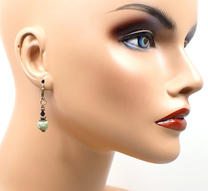 Rainforest Jasper Gemstone Handmade Drop Earrings, Boho Jewelry, Antiqued Brass Hook Lever Back or Clip On
