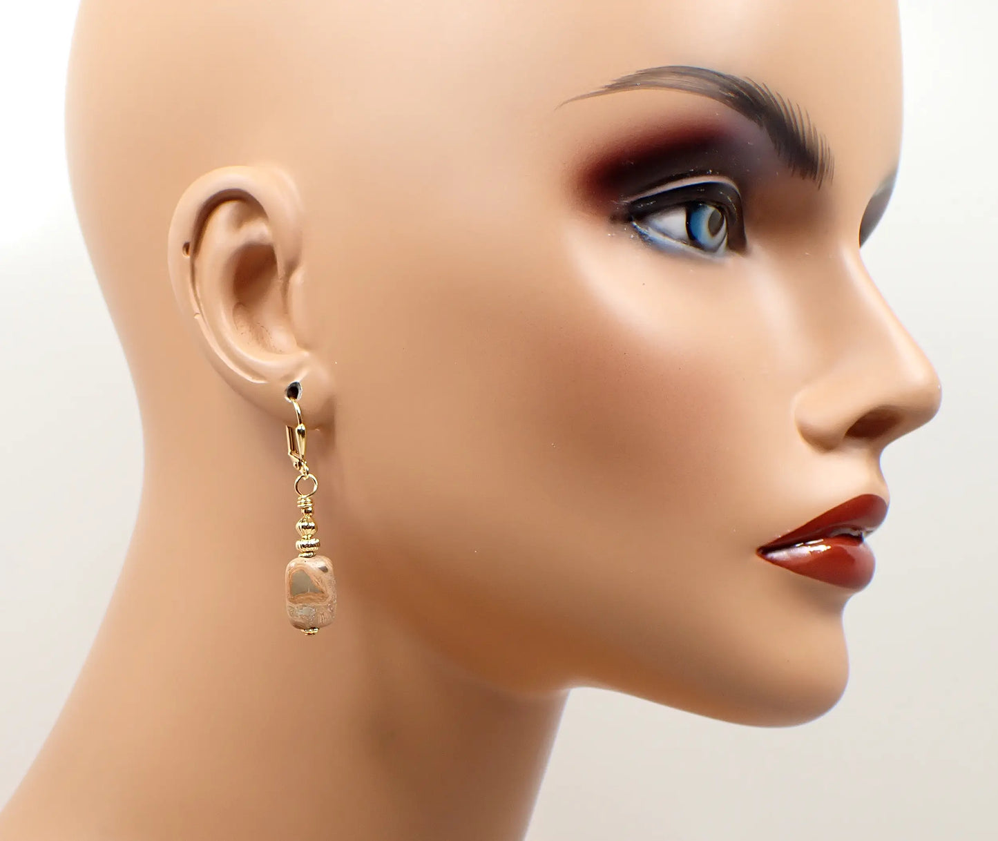Handmade Safari Jasper Gemstone Drop Earrings, Gold Plated, Hook Lever Back or Clip On