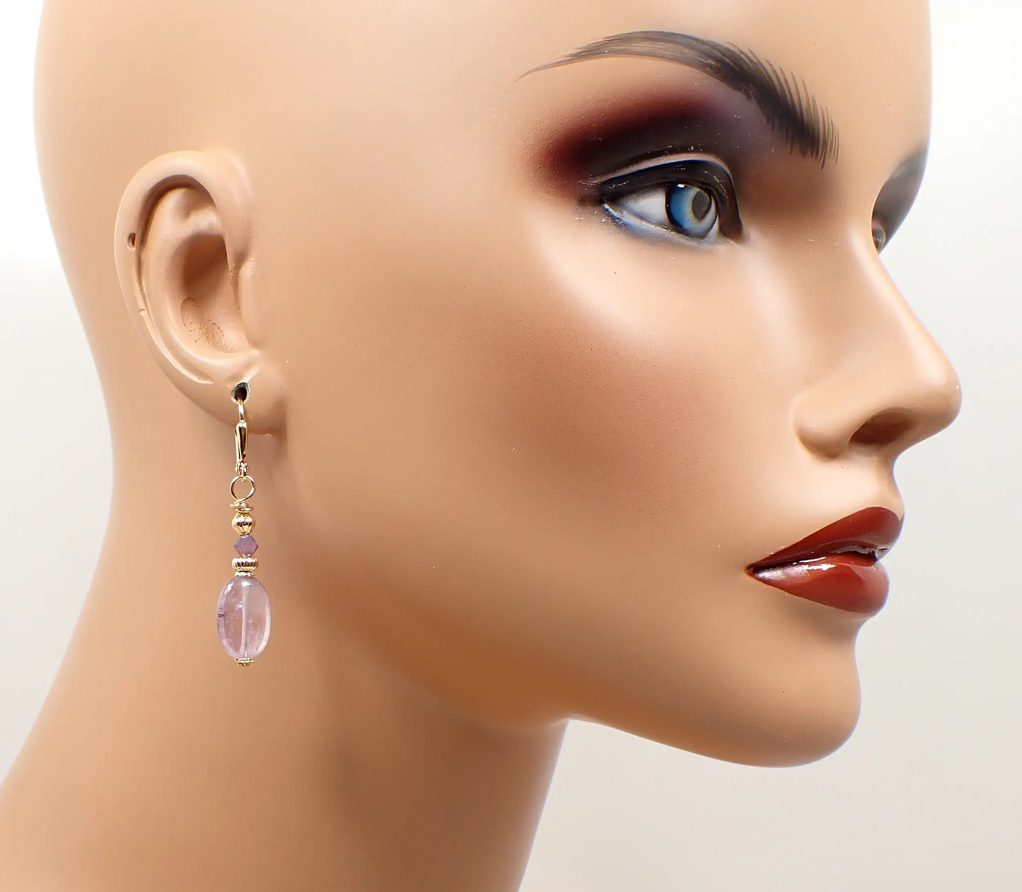 Light Purple Amethyst Gemstone Handmade Oval Drop Earrings, Gold Plated, Hook Lever Back or Clip On