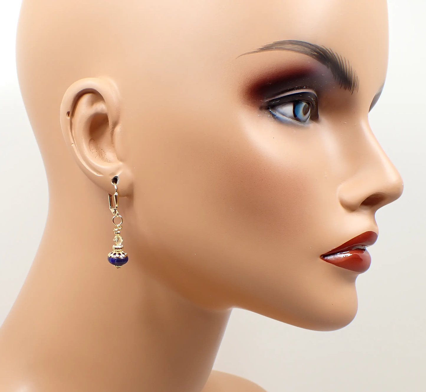 Small Blue Lapis Lazuli Gemstone Handmade Drop Earrings, Gold Plated, Hook Lever Back or Clip On
