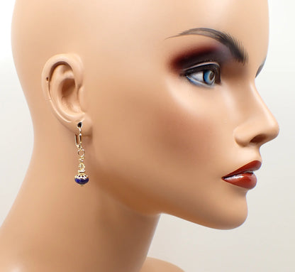 Small Blue Lapis Lazuli Gemstone Handmade Drop Earrings, Gold Plated, Hook Lever Back or Clip On