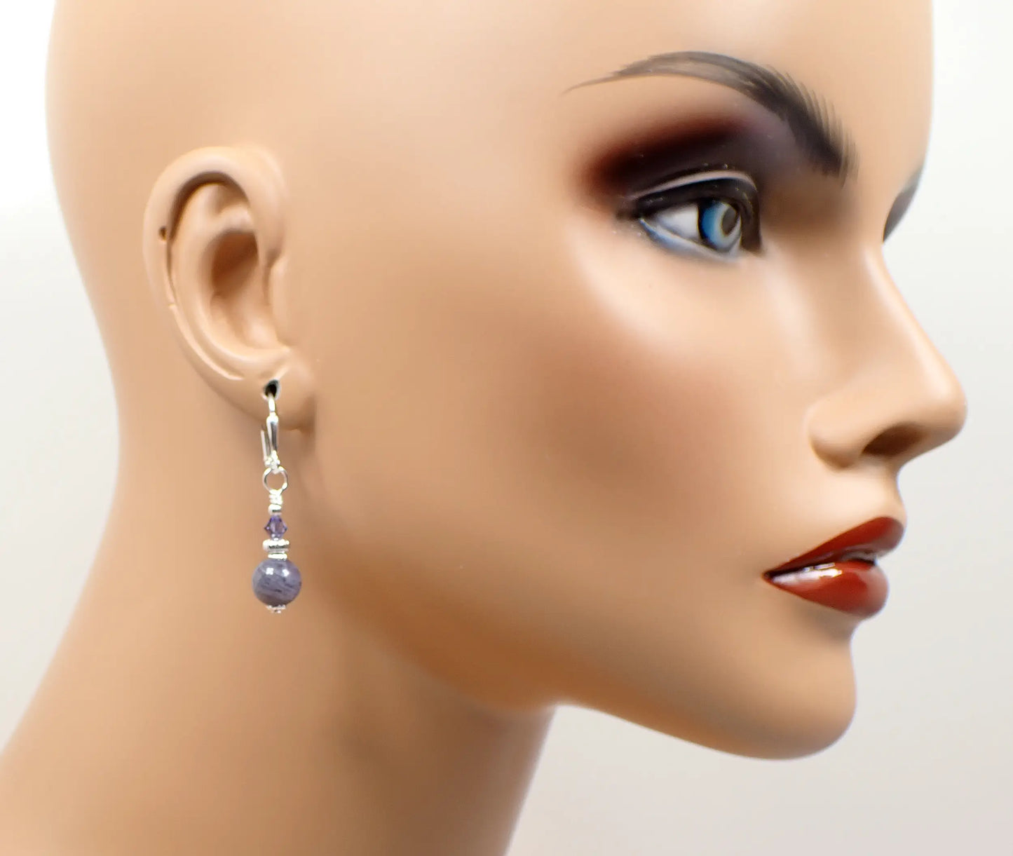 Small Light Purple Iolite Sunstone Gemstone Handmade Drop Earrings, Silver Plated, Hook Lever Back or Clip On