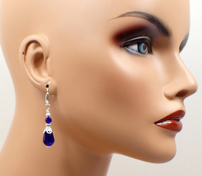 Cobalt Blue Handmade Glass Crystal Teardrop Earrings, Silver Plated, Hook Lever Back or Clip On