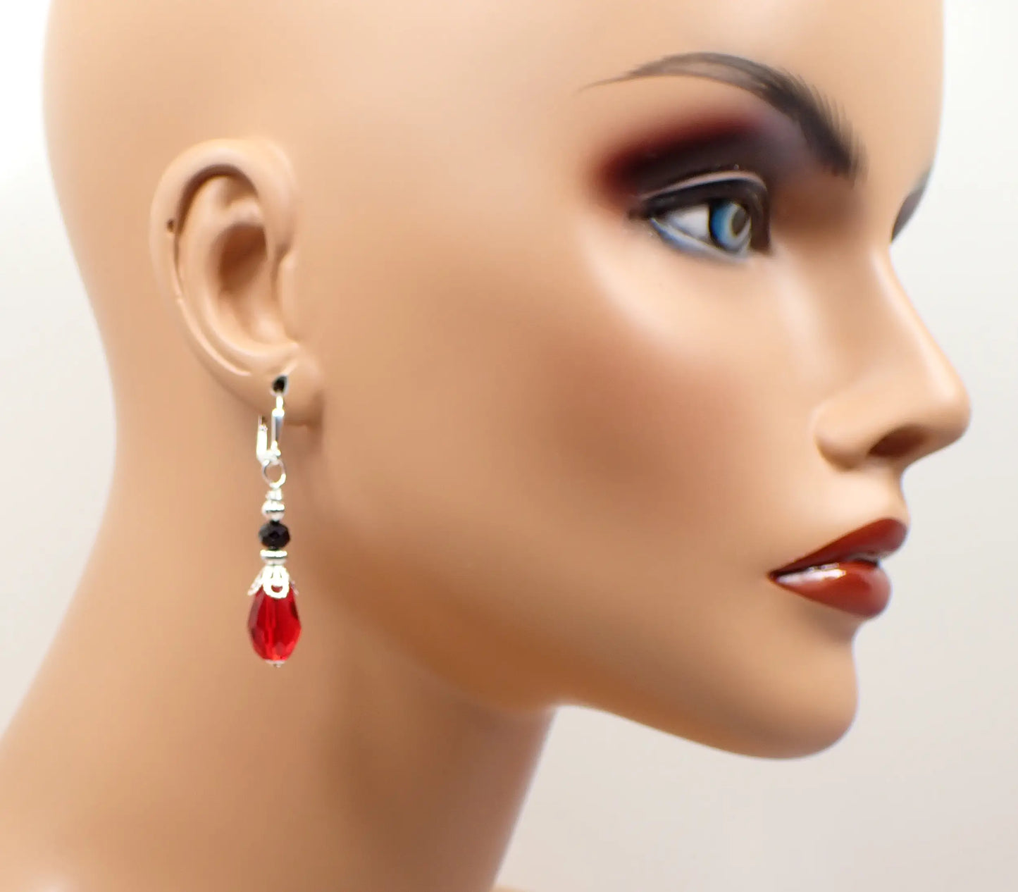 Black and Red Handmade Glass Crystal Teardrop Earrings, Silver Plated, Hook Lever Back or Clip On