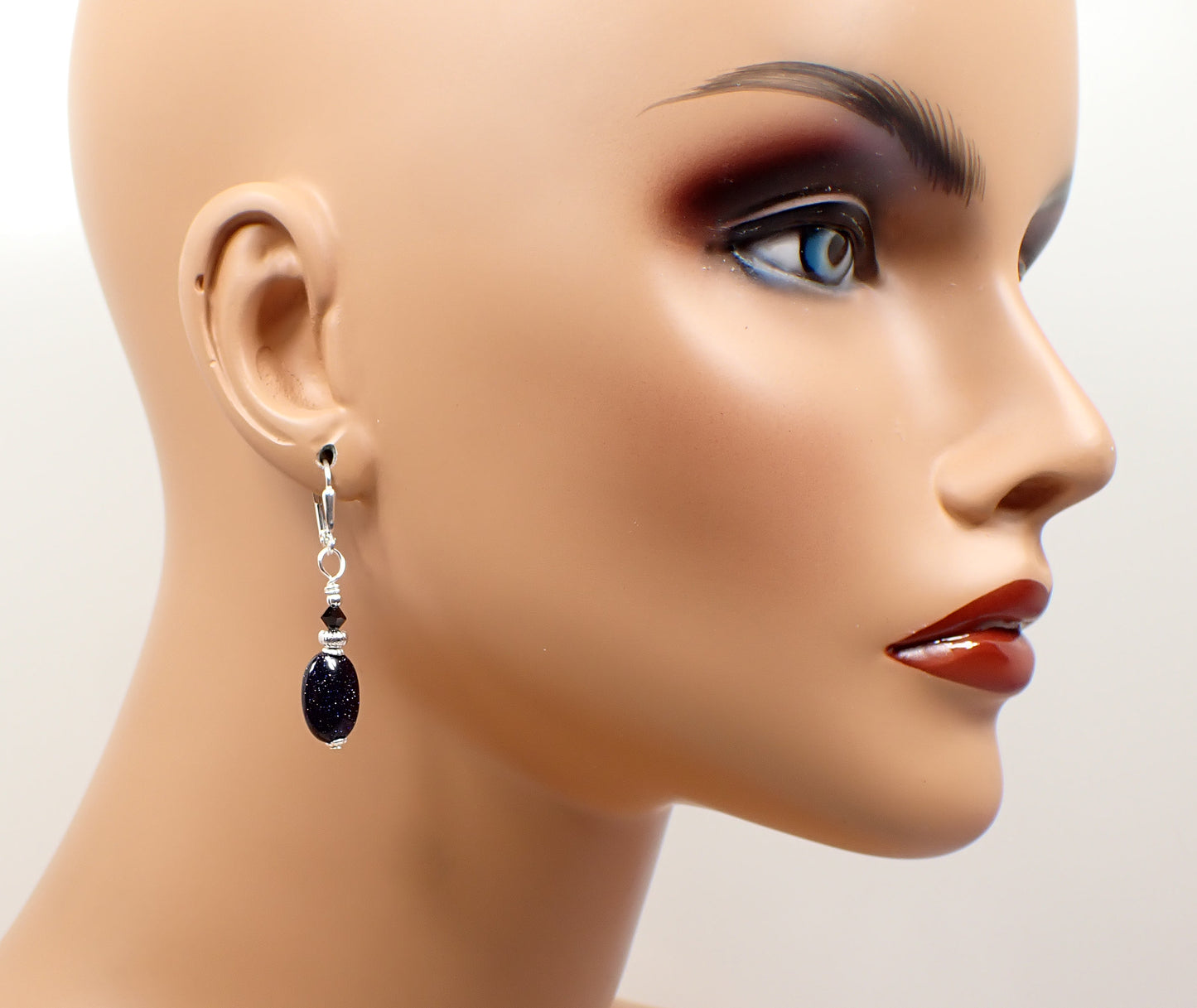 Dark Blue Goldstone Glass Beaded Handmade Drop Earrings, Silver Plated, Hook Lever Back or Clip On