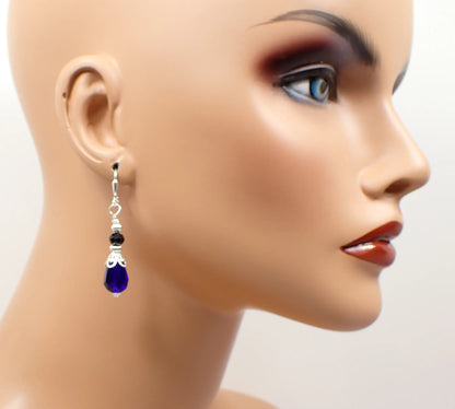 Cobalt Blue and Black Handmade Teardrop Earrings, Silver Plated, Hook Lever Back or Clip On