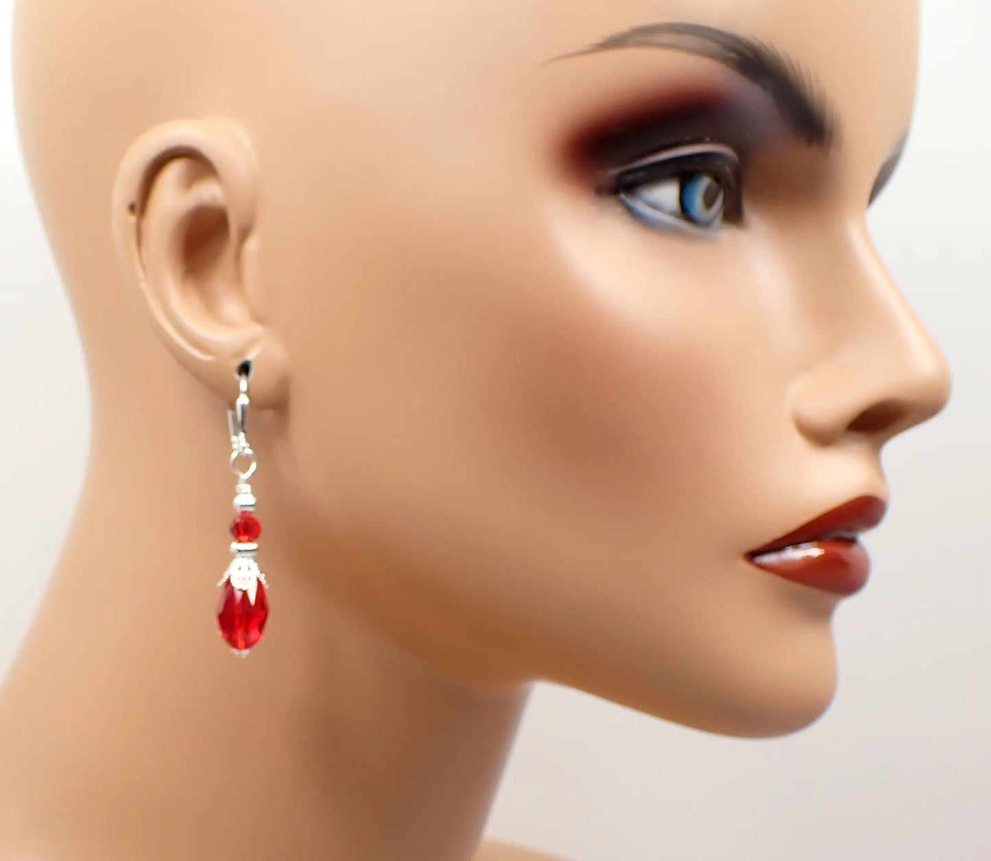 Red Handmade Glass Crystal Teardrop Earrings, Silver Plated, Hook Lever Back or Clip On