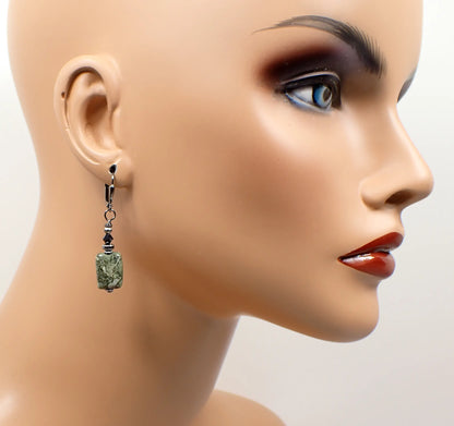 Green Rhyolite Gemstone Handmade Earrings, Boho Jewelry, Gunmetal Plated, Hook Lever Back or Clip On