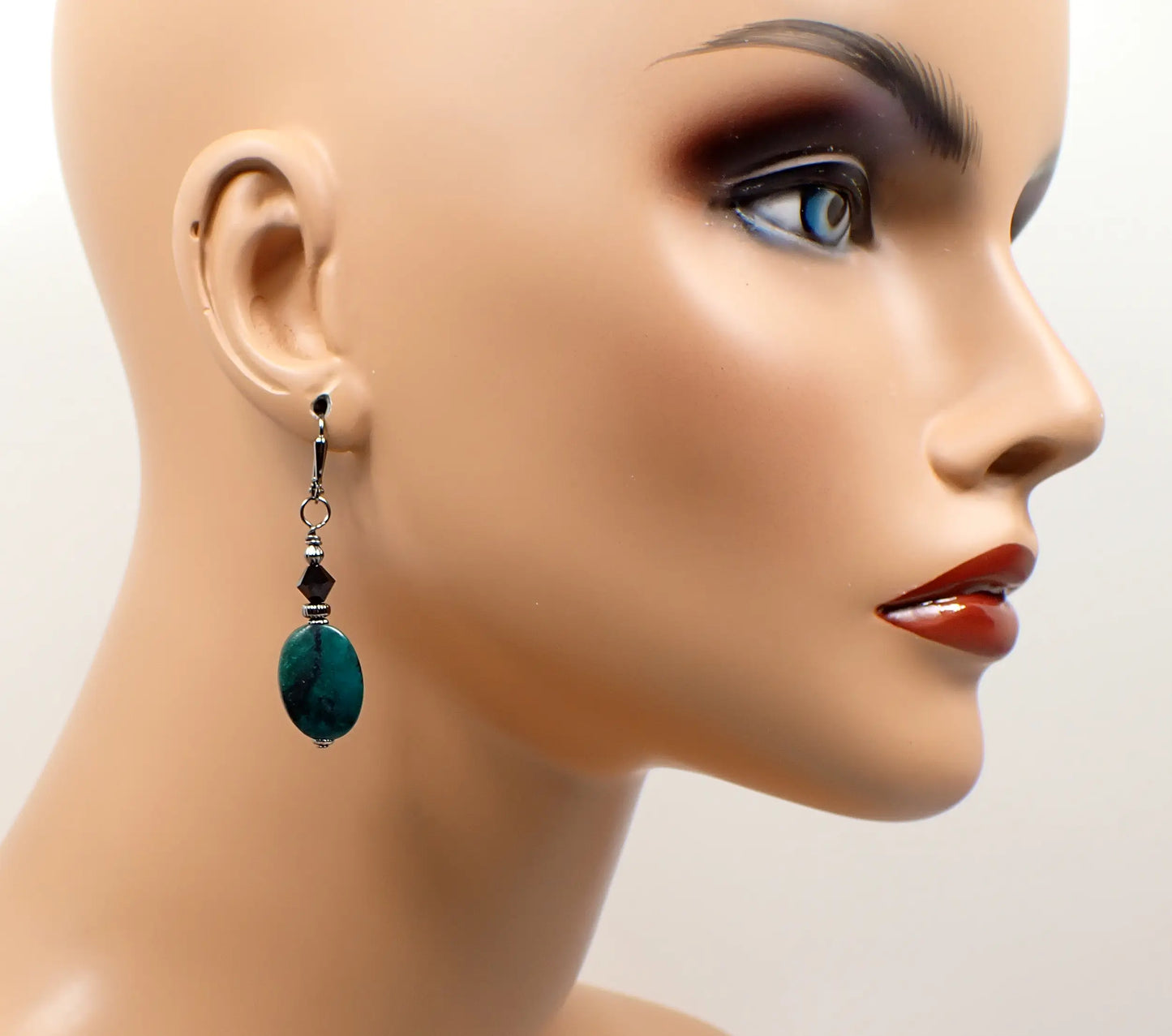 Dyed Teal Green Gemstone Handmade Earrings, Gunmetal Plated, Hook Lever Back or Clip On