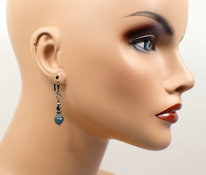 Small Teal Blue Apatite Gemstone Handmade Drop Earrings, Boho Jewelry, Gunmetal Plated, Hook Lever Back or Clip On