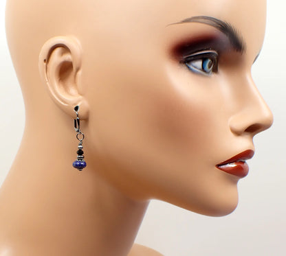 Small Blue Lapis Lazuli Gemstone Handmade Drop Earrings, Boho Jewelry, Gunmetal Plated, Hook Lever Back or Clip On