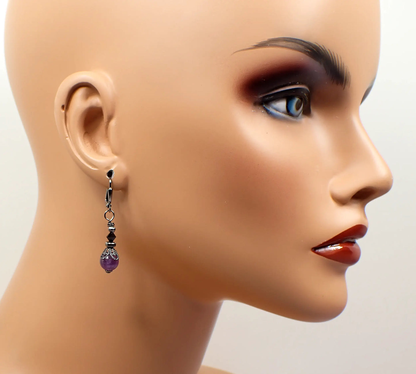 Small Dark Purple Amethyst Gemstone Handmade Drop Earrings, Boho Goth Jewelry, Gunmetal Plated, Hook Lever Back or Clip On