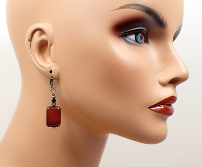 Red Jasper Gemstone Handmade Earrings, Gunmetal Plated Boho Jewelry, Hook Lever Back or Clip On