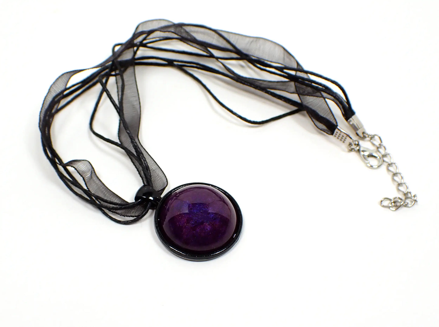 Goth Handmade Round Purple Resin Pendant with Black Organza Necklace