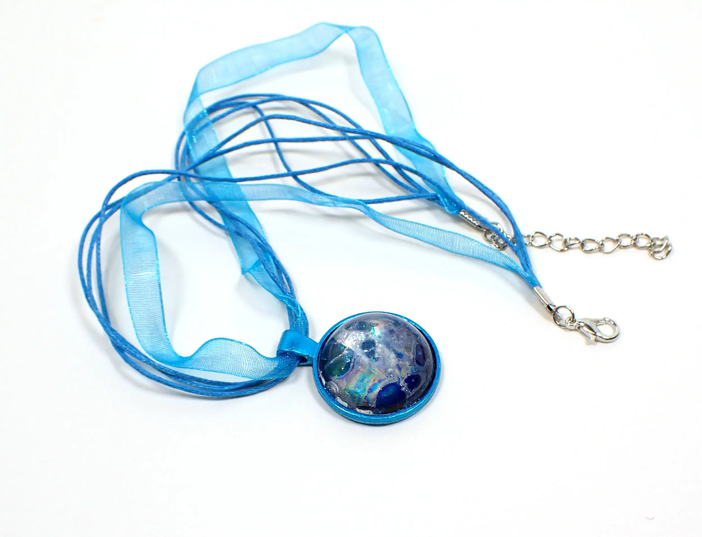 Handmade Round Aqua Blue Resin Pendant Necklace with Abstract Design