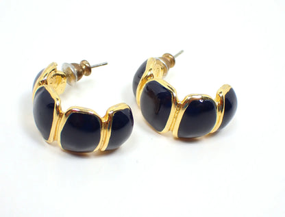 Dark Blue Enameled Retro Vintage Half Hoop Earrings, Gold Tone Post Pierced