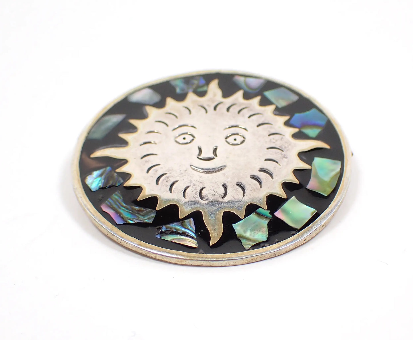 Mexico Alpaca Black Enameled Retro Vintage Sun Brooch Pin Pendant with Inlaid Abalone Shell, Southwestern Jewelry