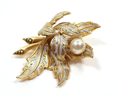 Mid Century Vintage Damascene Brooch Pin, Leaves with Faux Pearl