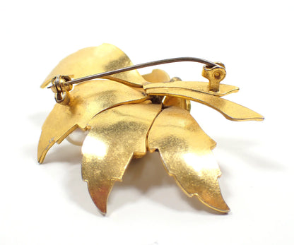 Mid Century Vintage Damascene Brooch Pin, Leaves with Faux Pearl