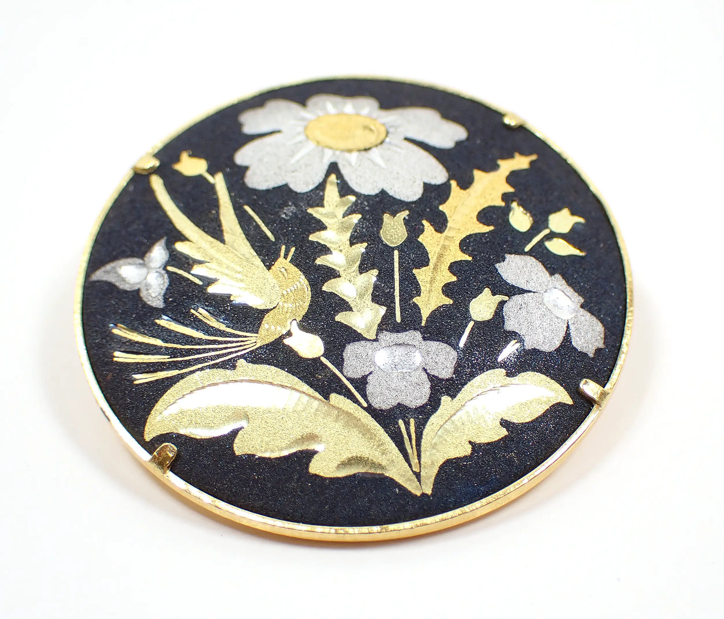 Bird and Floral Damascene Round Retro Vintage Brooch Pin