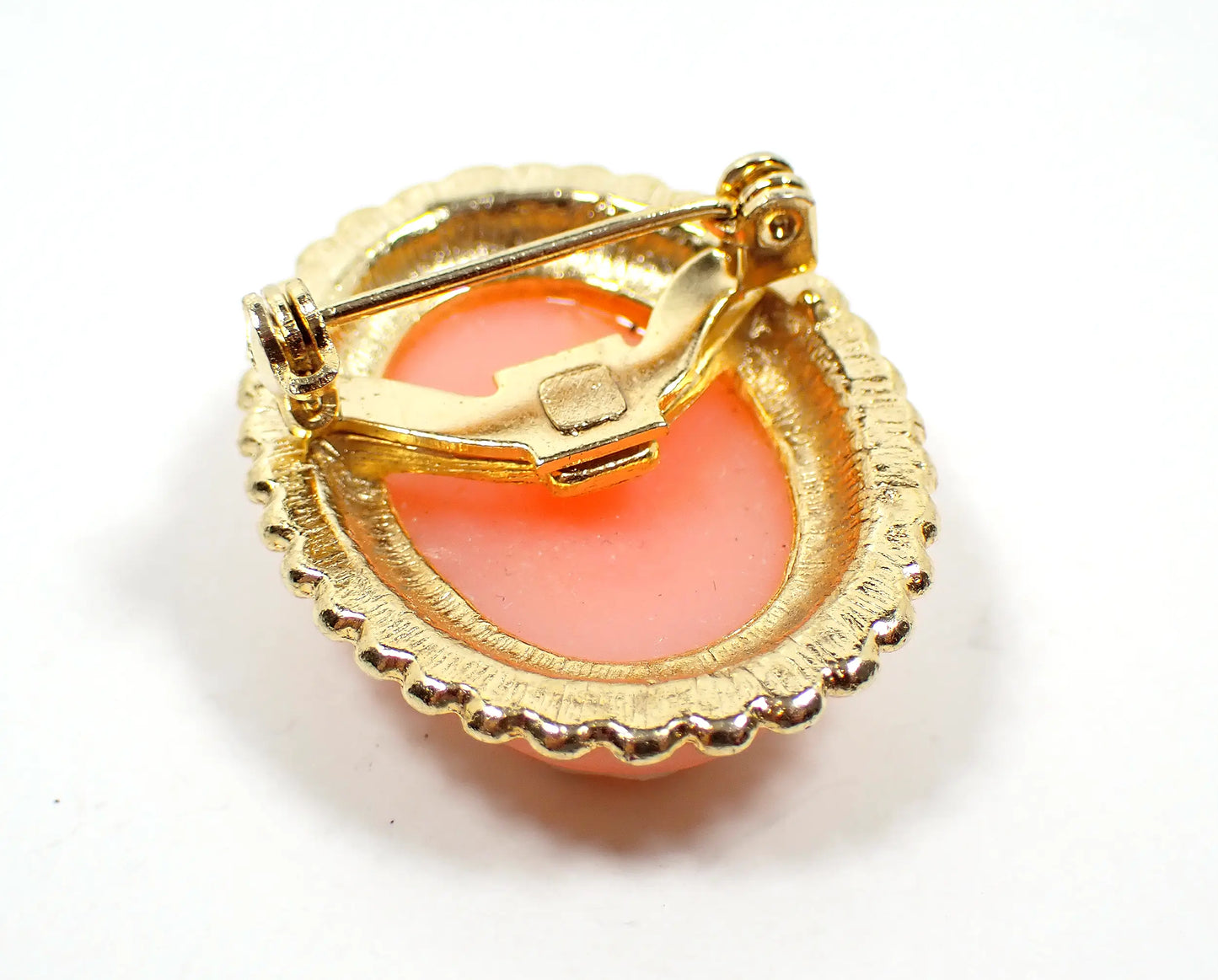 Molded Plastic Vintage Girl Cameo Brooch Pin, Gold Tone, Retro 1980s