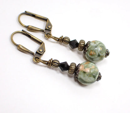 Rainforest Jasper Gemstone Handmade Drop Earrings, Boho Jewelry, Antiqued Brass Hook Lever Back or Clip On