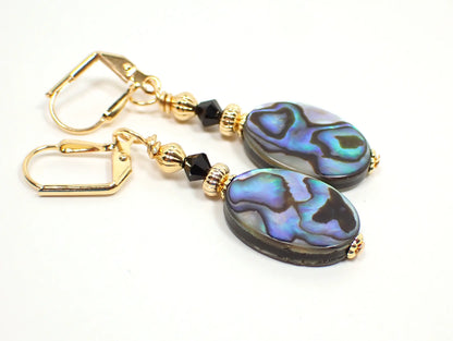 Abalone Handmade Oval Drop Earrings, Gold Plated Boho Jewelry, Hook Lever Back or Clip On