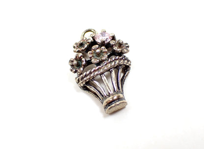 Small Sterling Silver Retro Vintage Basket of Flowers Charm with Pink Rhinestone, Floral Jewelry