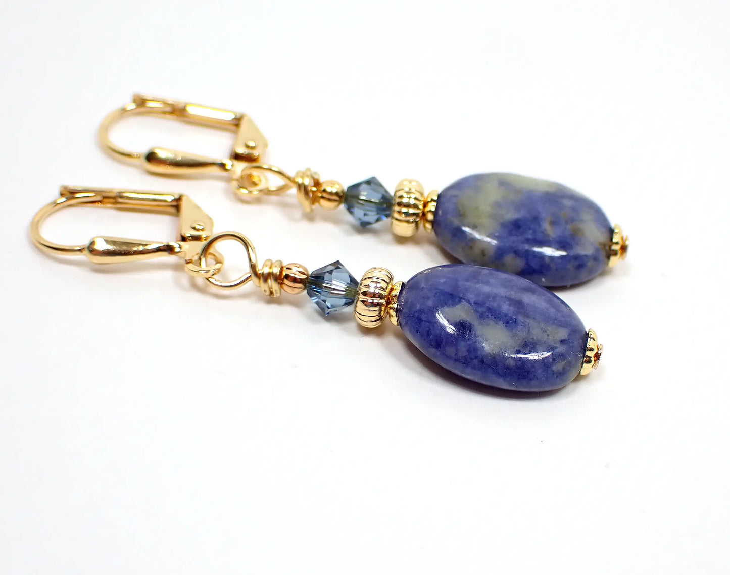 Marbled Sodalite Gemstone Handmade Oval Drop Earrings, Gold Plated, Hook Lever Back or Clip On