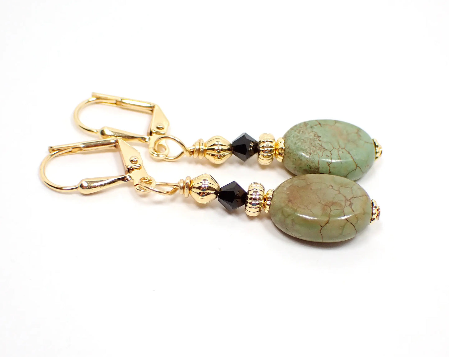 Olive Green Dyed Magnesite Gemstone Handmade Earrings, Gold Plated, Hook Lever Back or Clip On